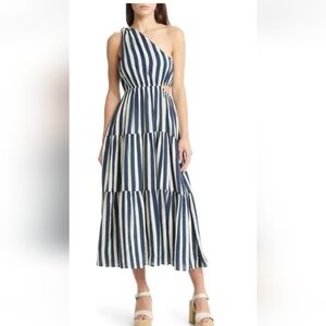 Moon River Striped One Shoulder Cutout Midi Dress